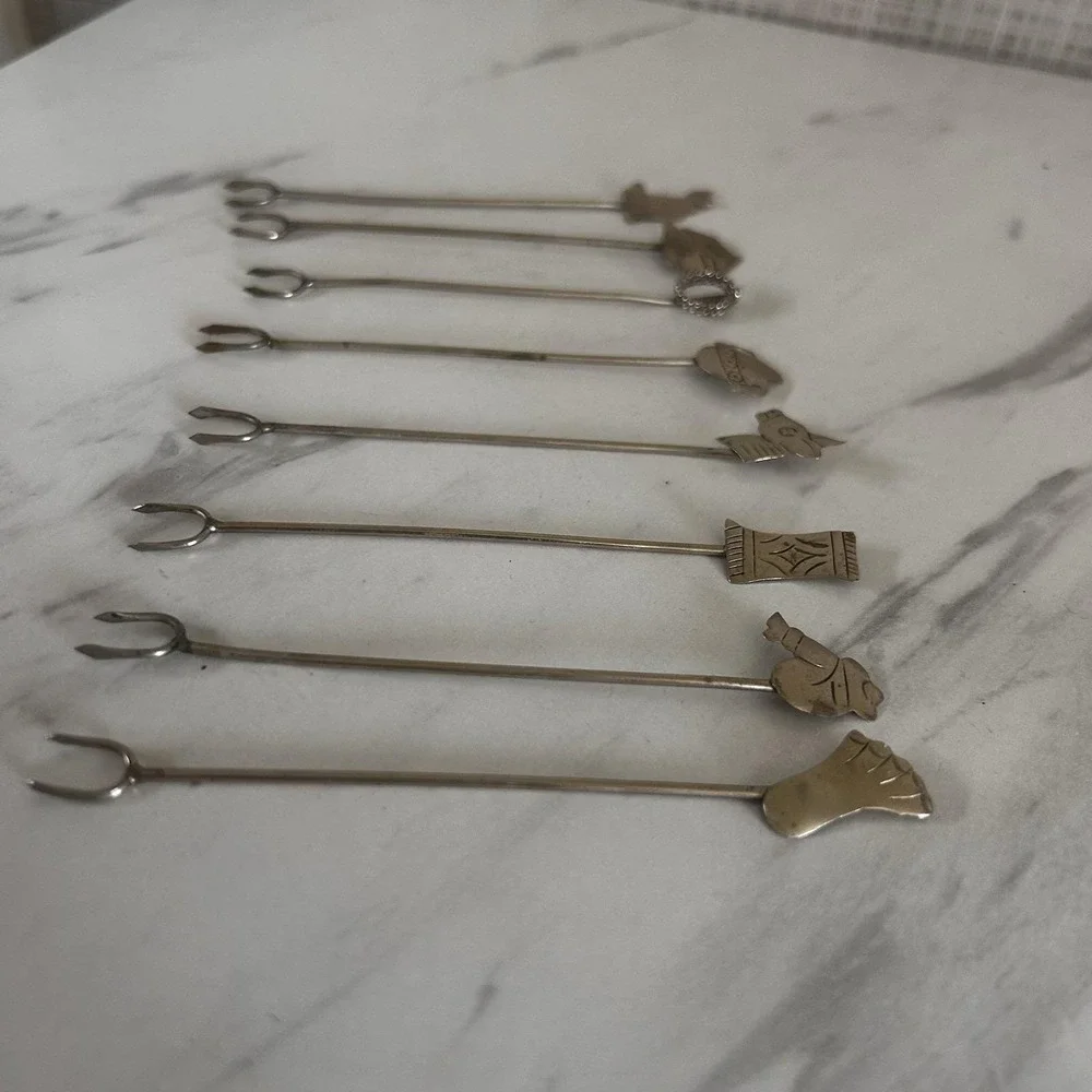 Vintage TAXCO Silver Olive Picks Forks Set of 8 Bar Ware Appetizers Mexico HHH
